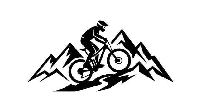 Mountain bike rider silhouette icon on rocky terrain with mountain peaks background