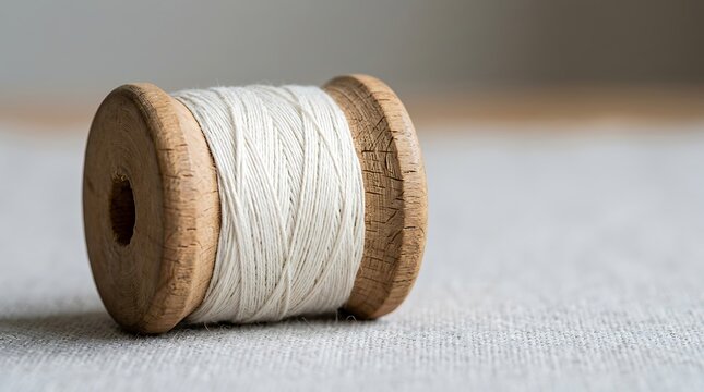 Wooden spool holding white cotton thread on textured fabric surface wood sewing yarn textile craft beige wood grain.