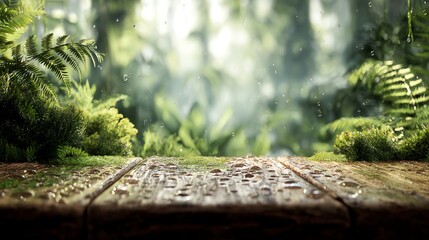 Obraz premium Lush greenery with a wooden surface and rain.
