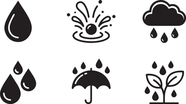 Set of six water and weather icons with raindrops and sun Vector