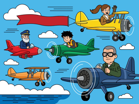 Colorful Cartoon Aviation Scene with Diverse Pilots and Propeller Planes in Sky