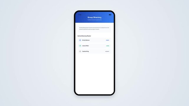 Mobile App Interface Animation displaying Active Directory Roster with User Profiles for Team Management UI Design