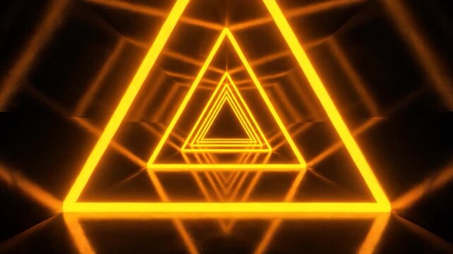 Glowing orange neon triangle tunnel in a dark space