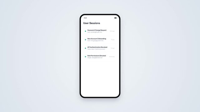 Mobile smartphone screen showing user sessions activity log animation minimal UI UX design mockup for app presentation