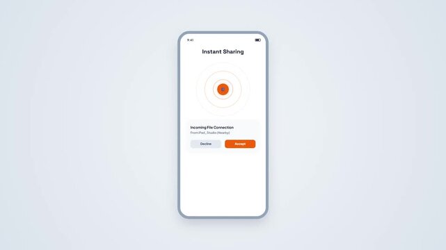 Mobile smartphone screen featuring instant sharing radar signal with accept decline request animation minimal UI mockup
