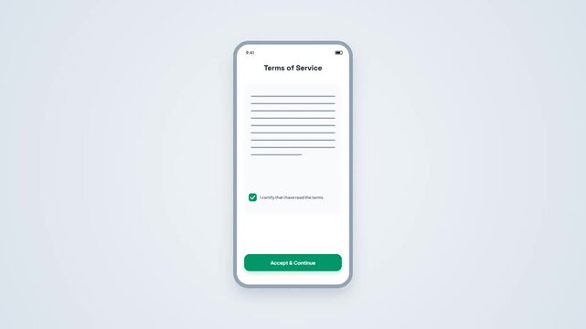Mobile UI Terms of Service Agreement Document Screen Animation with Checked Checkbox and Accept Button