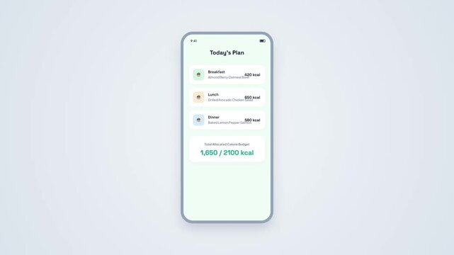 Smartphone Mockup with Nutrition App Dashboard Animating Daily Food Plan and Calorie Budget Progress
