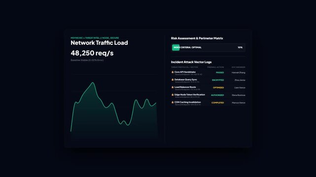 Network Operations Center Dashboard UI Animation Displaying Optimal Traffic Load Status, Secure Incident Logs, and Authorized Access Verification Metrics.