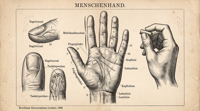 Vintage 1908 Anatomical Illustration of the Human Hand, Showing Palm Lines and Structure from German Encyclopedia