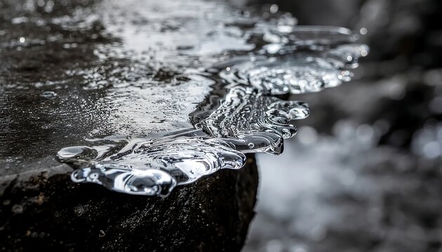 Close-up of flowing water over smooth river rocks in black and white