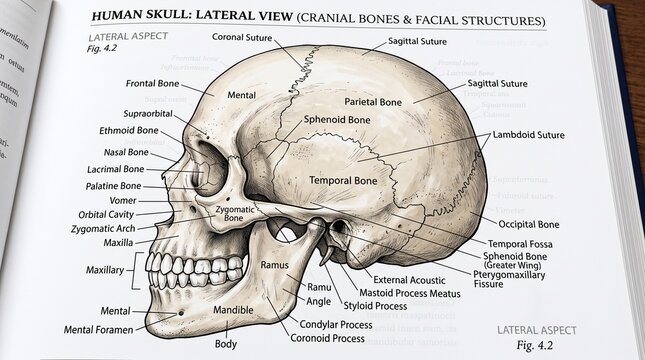 Human Skull Anatomy Lateral View Diagram with Detailed Bone Labels in a Medical Textbook