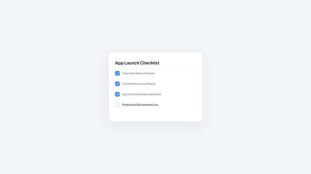 App Launch Checklist UI Design Interface with Blue Checkmarks and Product Launched Message