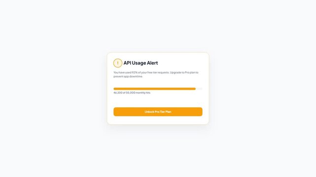 API Usage Limit Alert Upgrade To Pro Tier Plan Subscription Success UI Animation Light Theme