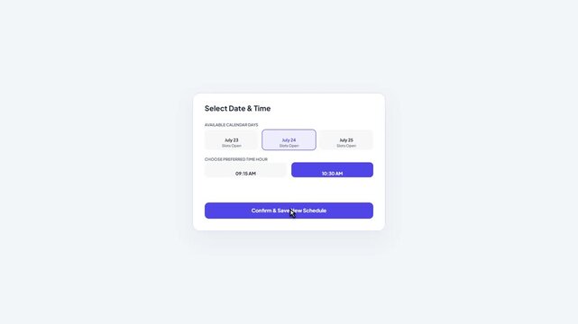 Online Booking Appointment System App Interface Animation Showing Duplicate Reservation Error and Date Reschedule Flow