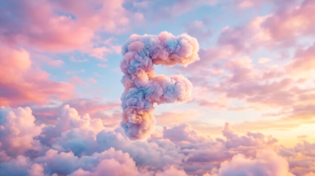 A fluffy letter F shaped cloud floating in a beautiful sunset sky.