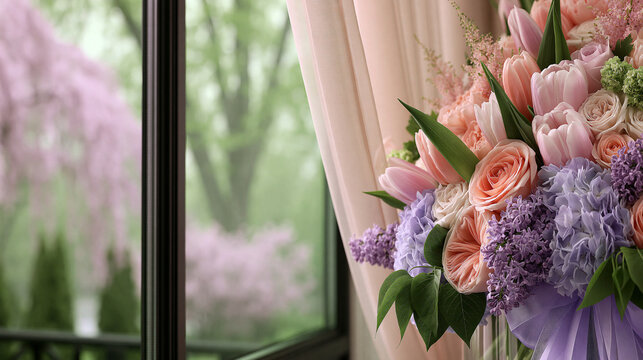 Elegant bouquet of pastel peonies and lavender roses near a window with interior