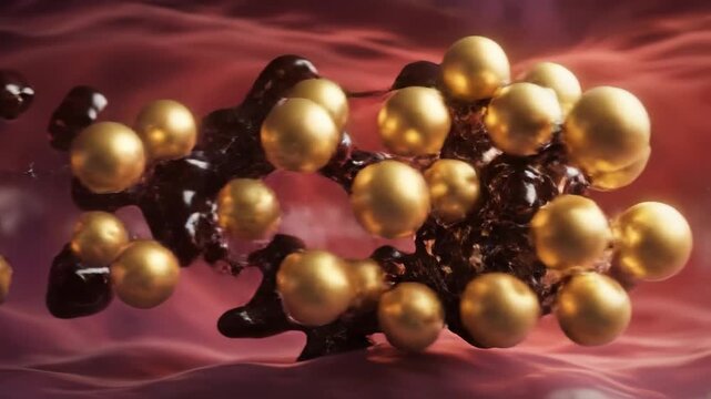 Golden HDL spheres clearing dark LDL cholesterol blobs in a blood vessel for heart health