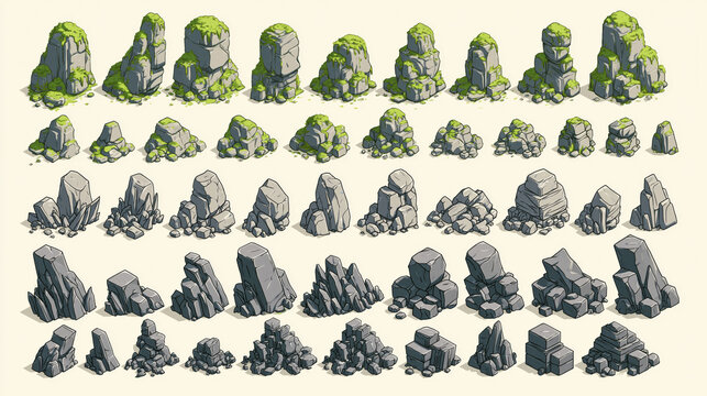 コケに覆われた岩や灰色の岩のセット各種 Set of various moss-covered rocks and grey stones