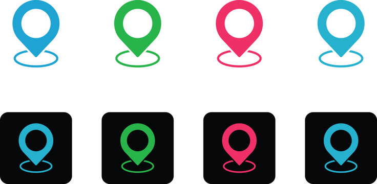 A high quality colorful vector icon set featuring multiple map location pins designed for navigation and digital interface design projects on white
