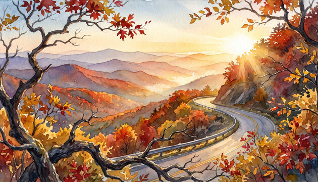 Hidden Scenic Autumn Mountain Road Overlooking Blue Ridge Watercolor