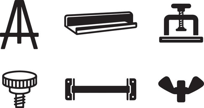 Set of six black and white workshop clamps and tools icon Vector