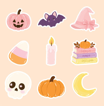 cute halloween sticker set with a jack o lantern seasonal sticker printable, bat, witch hat, candy corn, candle, books, skull, pumpkin, and moon Separate layers