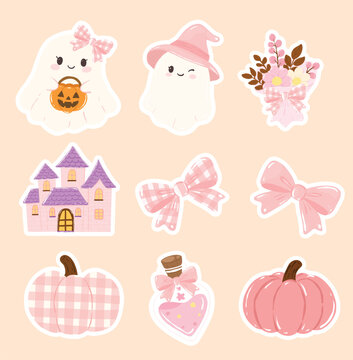 A collection of cute Halloween themed illustrations in pastel pink, seasonal sticker printable, featuring ghosts, a castle, pumpkins, a potion bottle, bows, and a bouquet Separate layers