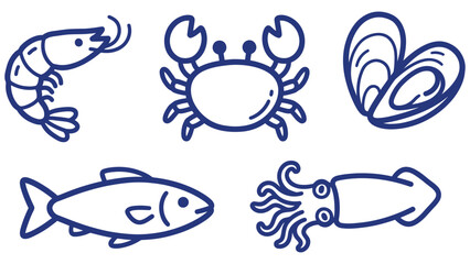 Fototapeta premium Seafood stew doodle ingredients set vector