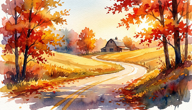 Hidden Autumn Road Leading to Rustic Countryside Barn Watercolor Illustration