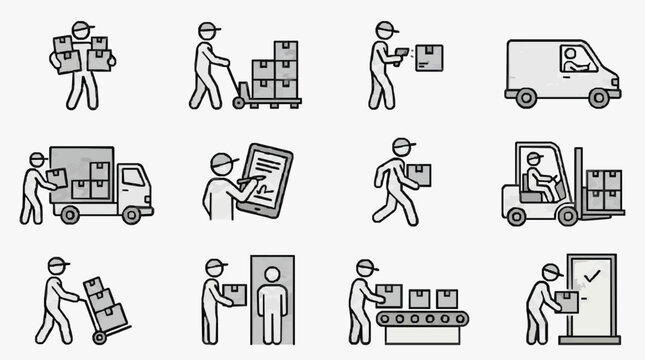 Creative Black and White Line Set Showing Comprehensive Logistics and Warehouse Operations with high quality professional line art symbols for modern creative design and digital branding projects