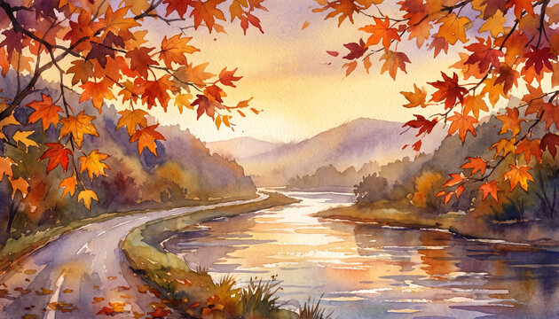 Hidden Riverside Autumn Road Watercolor Landscape with Maple Reflections