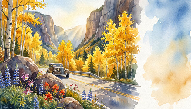Hidden Mountain Road Through Golden Aspen Canyon Watercolor Landscape