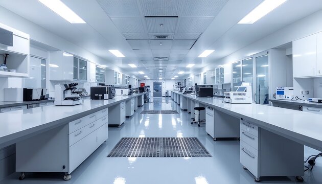 Modern laboratory interior with clean workstations and advanced equipment