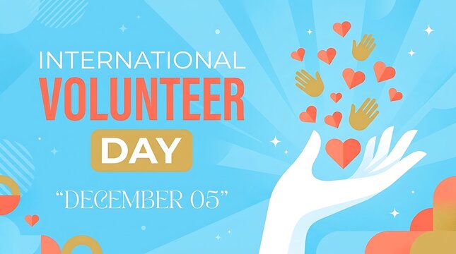International volunteer day banner with helping hand and floating hearts illustration