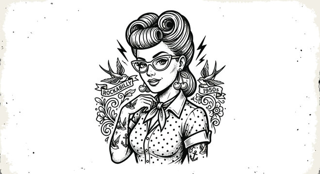 Black and White Tattoo Style Illustration of a 1950s Rockabilly Woman with Victory Roll Hair, Cat Eye Glasses, Cherry Earrings, and Swallow Banners on a White Background.