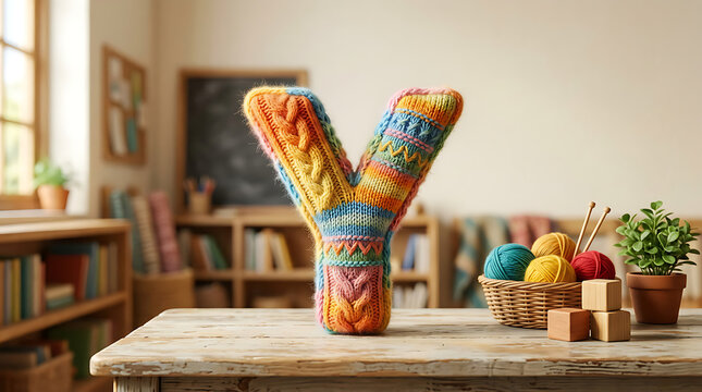 A colorful handmade knitted letter Y decoration sitting on a wooden table in a cozy craft room.