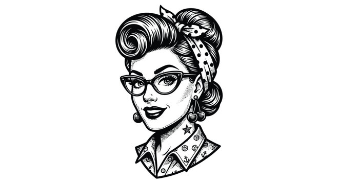 Black and White Tattoo Style Illustration of a Rockabilly Woman with Victory Roll Hair, Cat Eye Glasses, and Cherry Earrings, Vintage 1950s Pinup Portrait Isolated on White