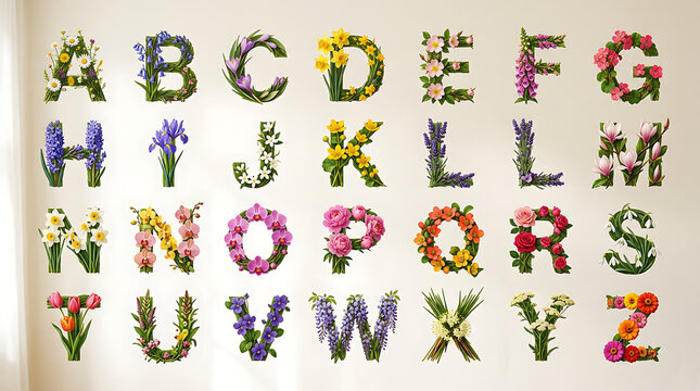 Complete alphabet collection designed with beautiful colorful fresh spring flowers on a light background.