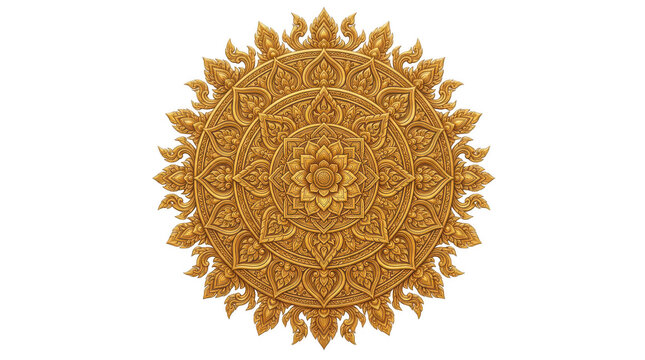 Golden thai traditional floral mandala isolated on transparent background
