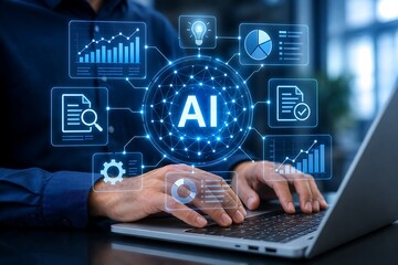 Fototapeta premium Business professional using laptop with artificial intelligence and data visualization holograms