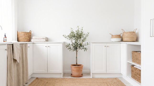 Modern laundry room with white washing machines wooden shelves and woven baskets