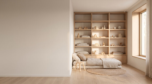 Scandinavian bedroom with built in shelving pale bedding and warm wooden tones