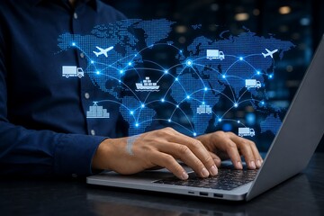 Fototapeta premium Businessman typing on laptop with holographic digital network and icons overlay