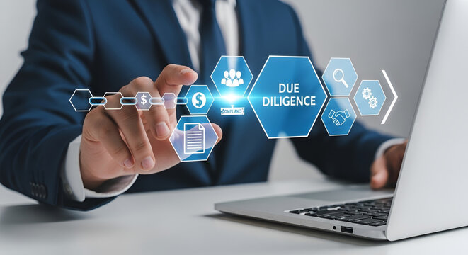Due Diligence Concept A businessman in a suit meticulously reviews information displayed on a digital interface highlighting the concept of due diligence with icons representing investigation