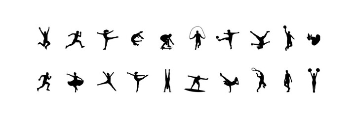 Obraz premium Dancers Performing Various Ballet and Contemporary Dance Poses in Black Silhouettes Featuring Figures, Movement, Art