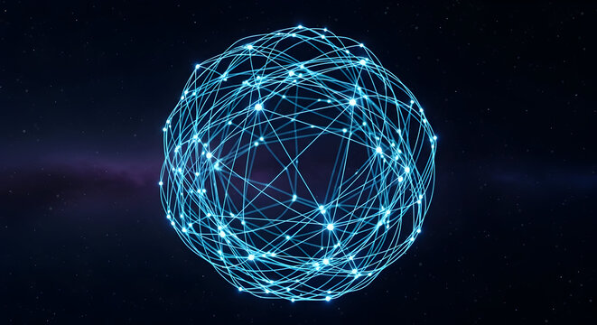 Abstract glowing blue network sphere in dark space