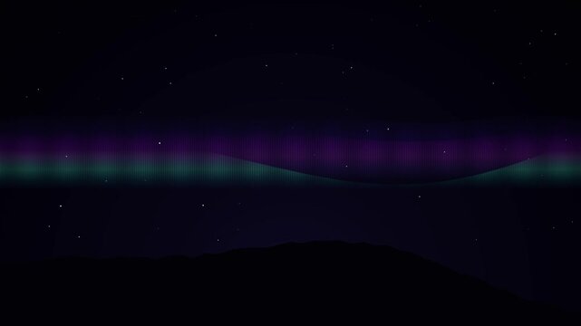 Digital illustration of purple and teal aurora borealis northern lights glowing over a dark mountain silhouette under a starry night sky with vertical light scan lines.