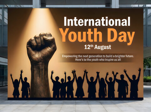 International youth day celebration poster with raised fists and silhouettes