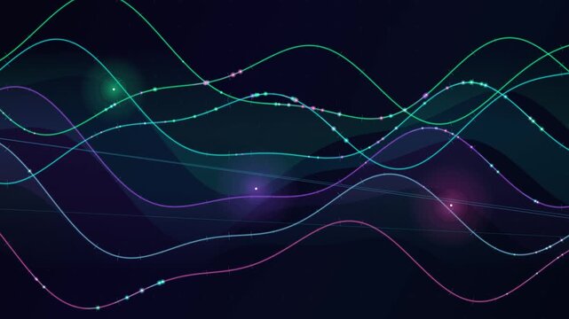Abstract visualization of electromagnetic vector fields with glowing neon oscillating wave lines, data signal pulses, and digital frequency patterns on a dark blue background.