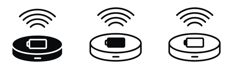 Wireless charging pad and its black counterpart with signal waves and battery icon for modern device power. Wireless Charging Icons, Energy Symbol Vector Set, Power Signal Graphics,   © JannatGraphicDesign